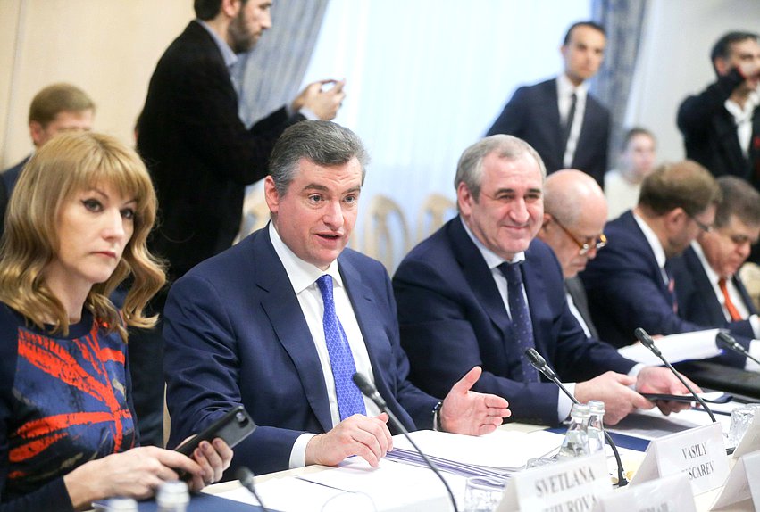 First Deputy Chairwoman of the Committee on International Affairs Svetlana Zhurova, Chairman of the Committee on International Affairs Leonid Slutskiy and Deputy Chairman of the State Duma Sergei Neverov