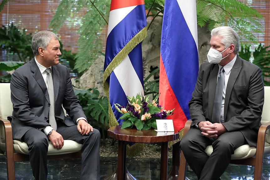 Chairman of the State Duma Vyacheslav Volodin and First Secretary of the Central Committee of the Communist Party and President of Cuba Miguel Díaz-Canel Bermúdez