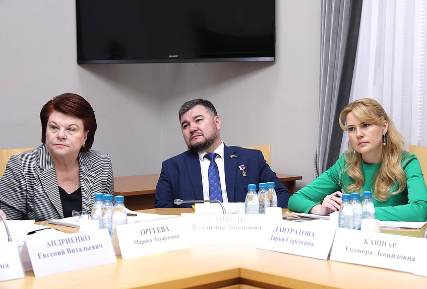 Заместитель Председателя Комитета Комитета по труду, социальной политике и делам ветеранов Марина Оргеева и Первые заместители Председателя Комитета Владимир Сайбель и Дарья Лантратова