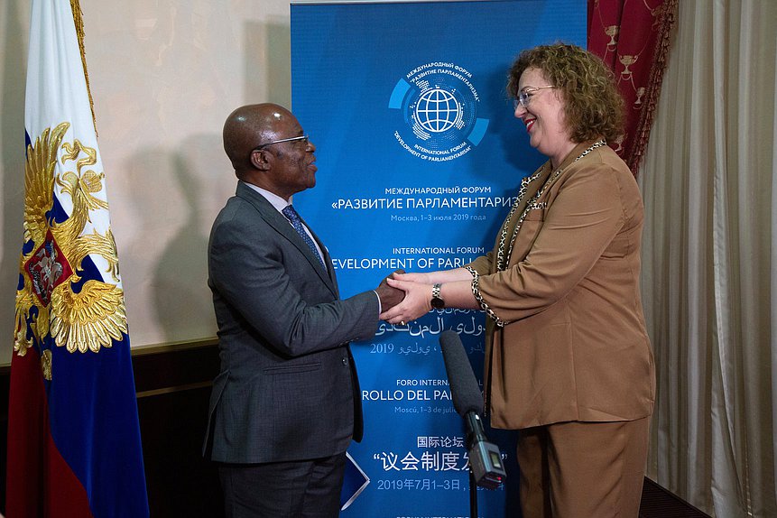 Chairman of the National Assembly of the Gabonese Republi Faustin Boukoubi and Deputy Chairwoman of the State Duma Olga Epifanova