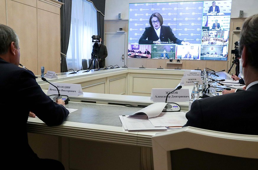 Meeting of Chairman of the State Duma Viacheslav Volodin with Head of the Bank of Russia Elvira Nabiullina on banking issues held via videoconference