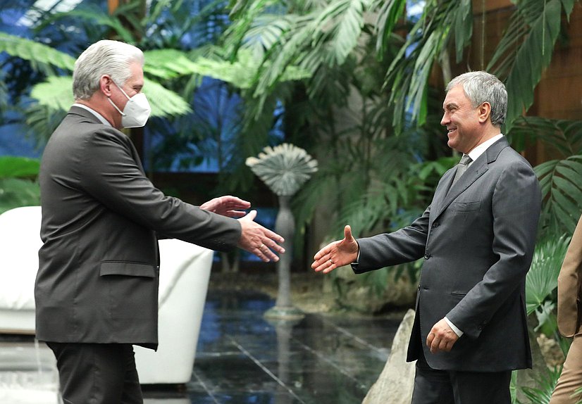 Chairman of the State Duma Vyacheslav Volodin and First Secretary of the Central Committee of the Communist Party and President of Cuba Miguel Díaz-Canel Bermúdez