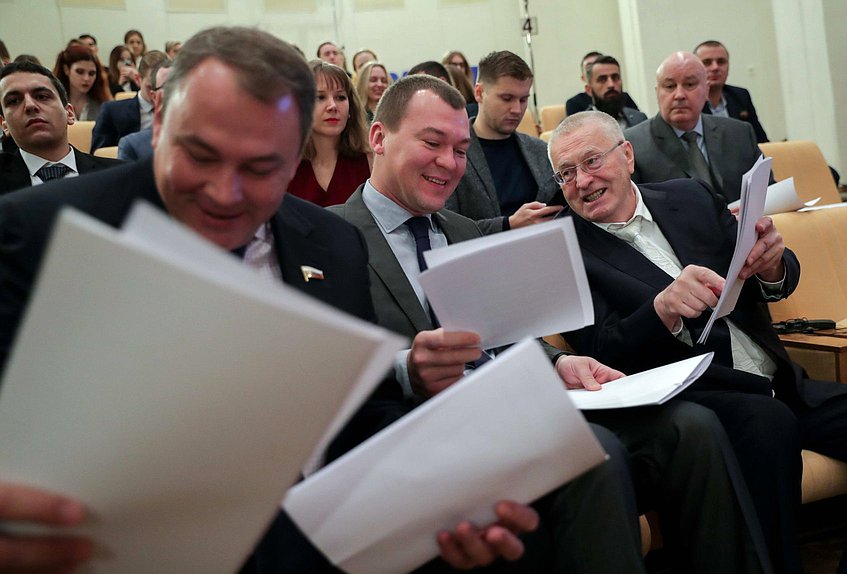 Deputy Chairman of the State Duma Petr Tolstoy, Chairman of the Committee on Physical Culture, Sport and Youth Affairs Mikhail Degtiarev and leader of LDPR faction Vladimir Zhirinovskii