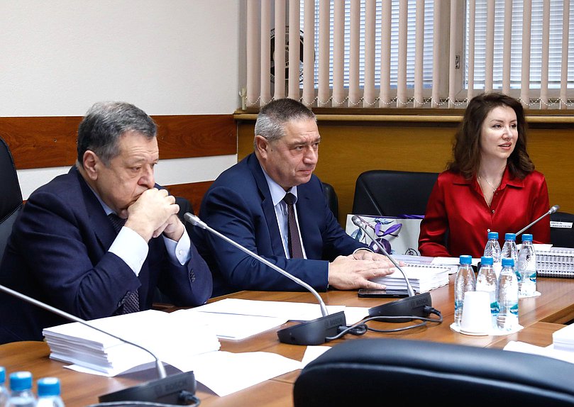 Председатель Комитета по бюджету и налогам Андрей Макаров, Первый заместитель Председателя Комитета Глеб Хор и Первый заместитель Министра финансов РФ Ирина Окладникова
