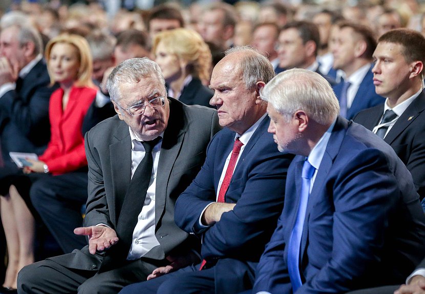 Vladimir Zhirinovskii, head of the LDPR faction, Gennady Zyuganov, head of the Communist Party of the Russian Federation faction, and Sergei Mironov, head of the Just Russia faction