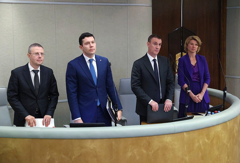 Руководитель Федеральной антимонопольной службы Максим Шаскольский, Министр промышленности и торговли РФ Антон Алиханов, заместитель Председателя Правительства РФ Дмитрий Патрушев и Министр сельского хозяйства РФ Оксана Лут