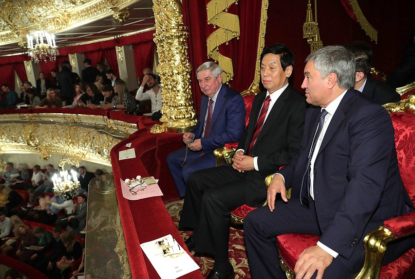 First Deputy Chairman of the State Duma Ivan Melnikov, Chairman of the State Duma Viacheslav Volodin and Chairman of the Standing Committee of the National People's Congress of the People's Republic of China Li Zhanshu