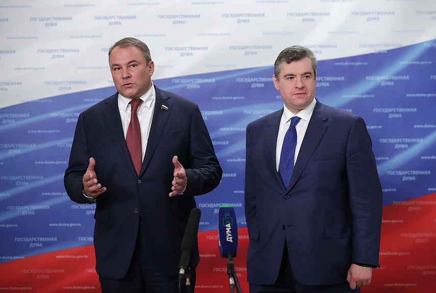 Deputy Chairman of the State Duma Petr Tolstoy and Chairman of the Committee on International Affairs Leonid Slutskiy