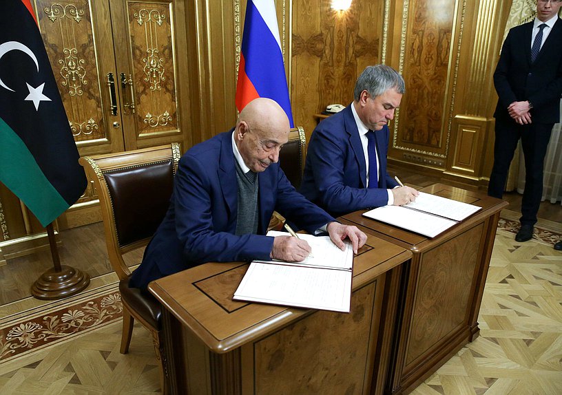 Chairman of the State Duma Viacheslav Volodin and Chairman of the House of Representatives of Libya Aguila Saleh