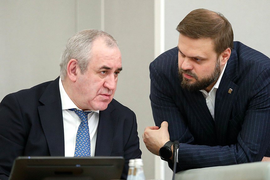 Заместитель Председателя Государственной Думы Сергей Неверов и заместитель Председателя Комитета по делам СНГ, евразийской интеграции и связям с соотечественниками Артем Туров