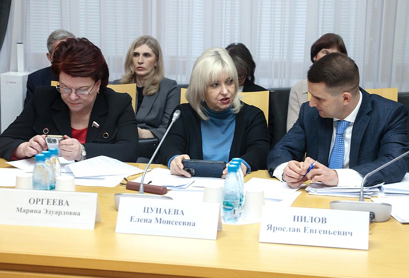 Заместитель Председателя Комитета по труду, социальной политике и делам ветеранов Марина Оргеева, Первый заместитель Председателя Комитета Елена Цунаева и Председатель Комитета Ярослав Нилов