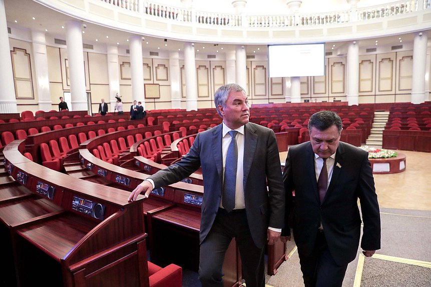 Chairman of the State Duma Viacheslav Volodin and Speaker of the Legislative Chamber of the Oliy Majlis Nuriddinjon Ismailov