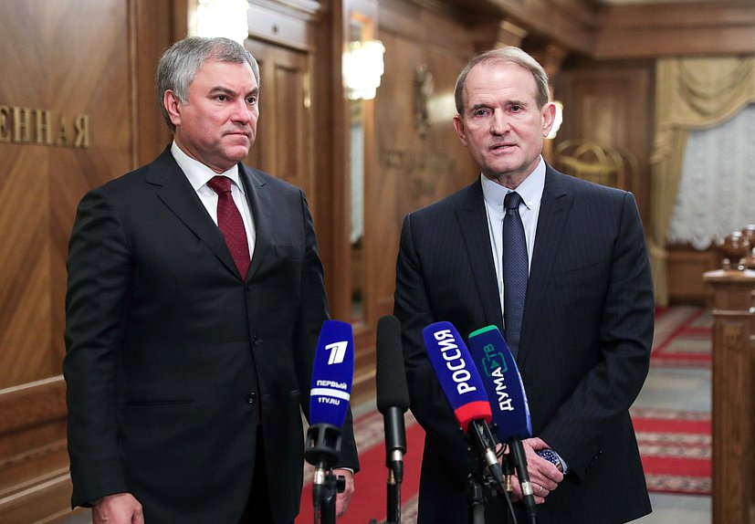 Chairman of the State Duma Viacheslav Volodin and Chairman of the Inter-Factional Parliamentary Association of the Verkhovna Rada of Ukraine ”Inter-Parliamentary Dialogue for Peace: Ukraine-Russia-Germany-France” Viktor Medvedchuk