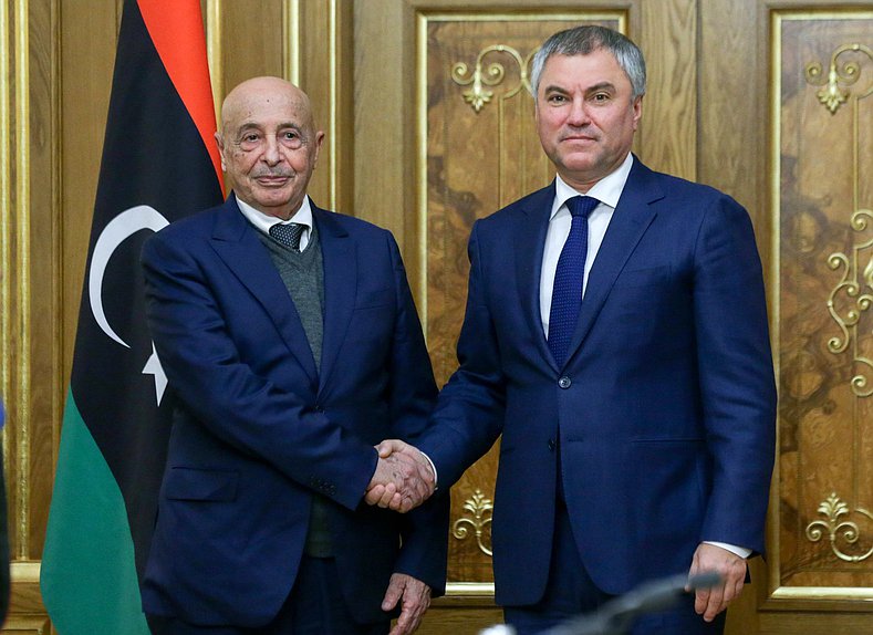 Chairman of the State Duma Viacheslav Volodin and Chairman of the House of Representatives of Libya Aguila Saleh