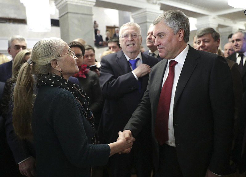 Chairman of the State Duma Viacheslav Volodin and Chairwoman of the Executive Board of the Victorious Commanders Fund Natalia Koneva