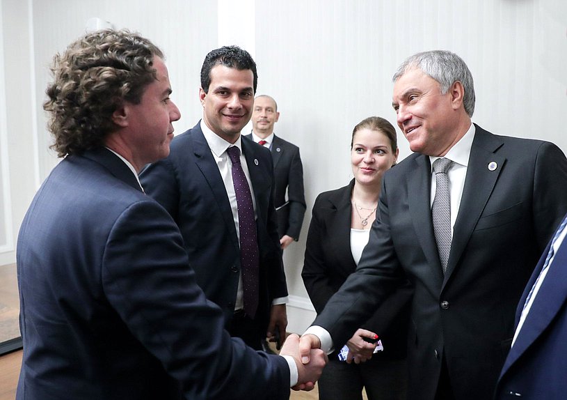 Chairman of the State Duma Vyacheslav Volodin and First Vice President of the Federal Senate of the National Congress of the Federative Republic of Brazil Veneziano Vital do Rêgo Segundo Neto