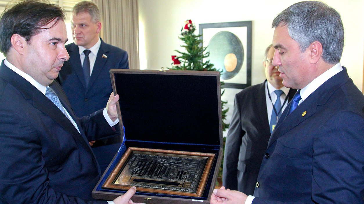 Chairman of the State Duma Viacheslav Volodin and Chairman of the Chamber of Deputies of the National Congress of Brazil Rodrigo Maia