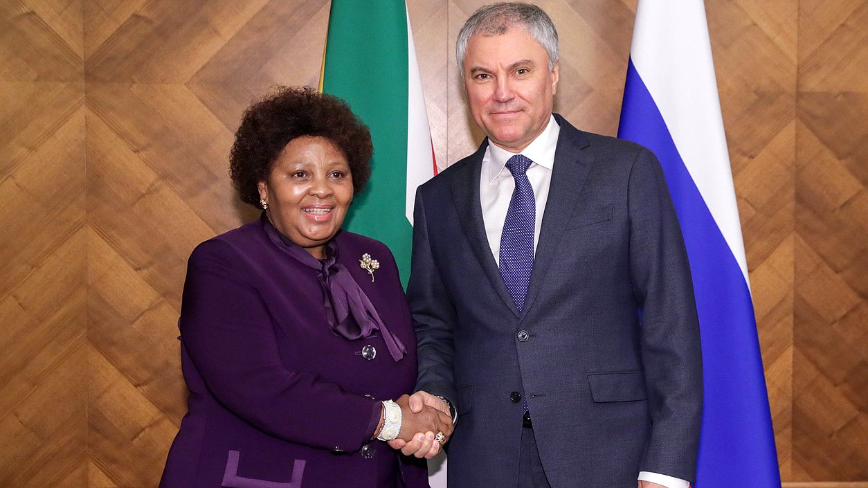 Chairman of the State Duma Vyacheslav Volodin and Speaker of the National Assembly of the Parliament of the Republic of South Africa Nosiviwe Mapisa-Nqakula