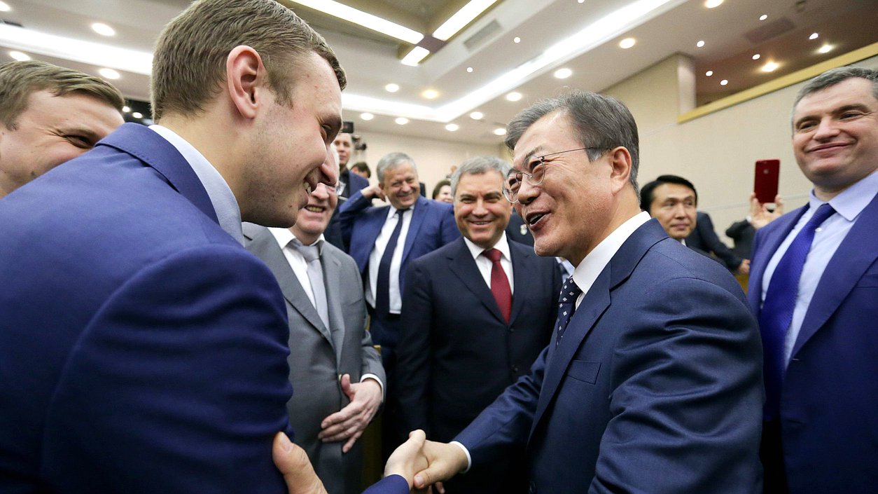 Member of the Committee on Physical Culture, Sports, Tourism, and Youth Vasilii Vlasov, Chairman of the State Duma Viacheslav Volodin and President of the Republic of Korea Moon Jae-in