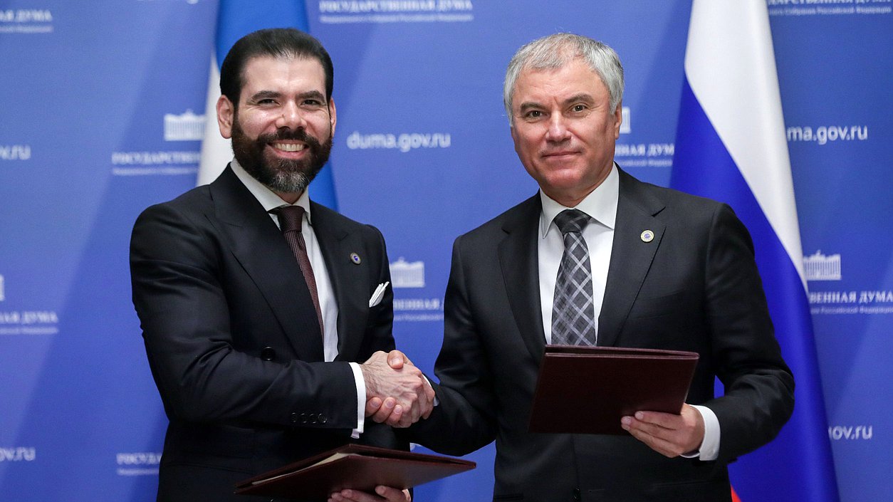 El Jefe de la Duma Estatal, Vyacheslav Volodin, y el Representante Especial del Presidente de la República de Nicaragua para el Desarrollo de las Relaciones con Rusia, Laureano Facundo Ortega Murillo