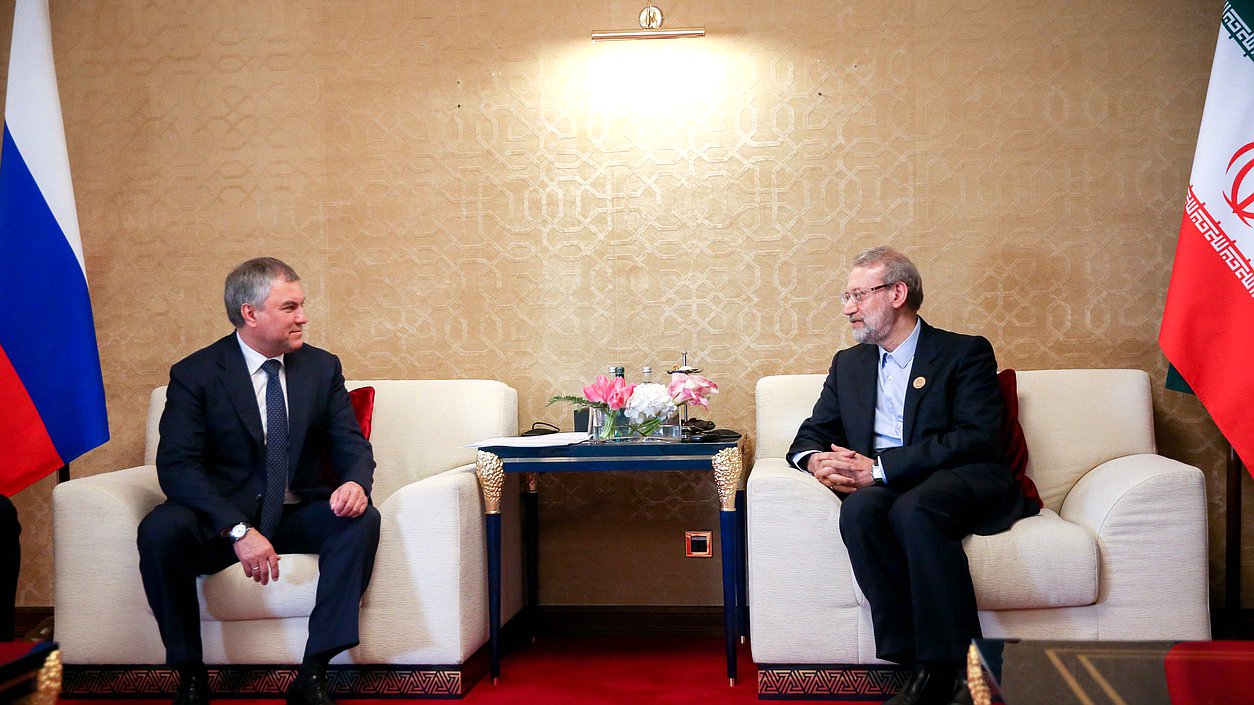 Chairman of the State Duma Viacheslav Volodin and Speaker of the Islamic Consultative Assembly of the Islamic Republic of Iran Ali Ardeshir Larijani