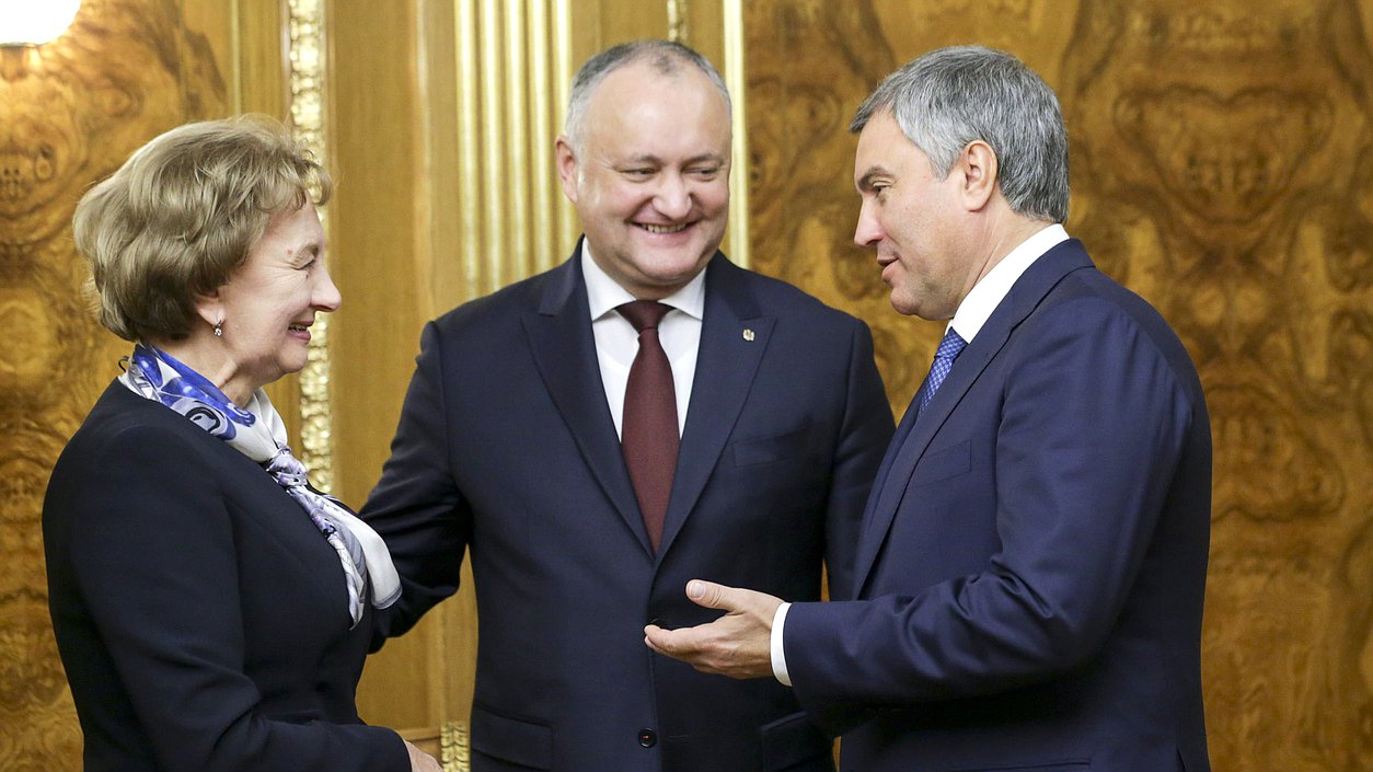 Leader of the Party of Socialists of the Republic of Moldova Zinaida Greceanîi, President of the Republic of Moldova Igor Dodon and Chairman of the State Duma Viacheslav Volodin