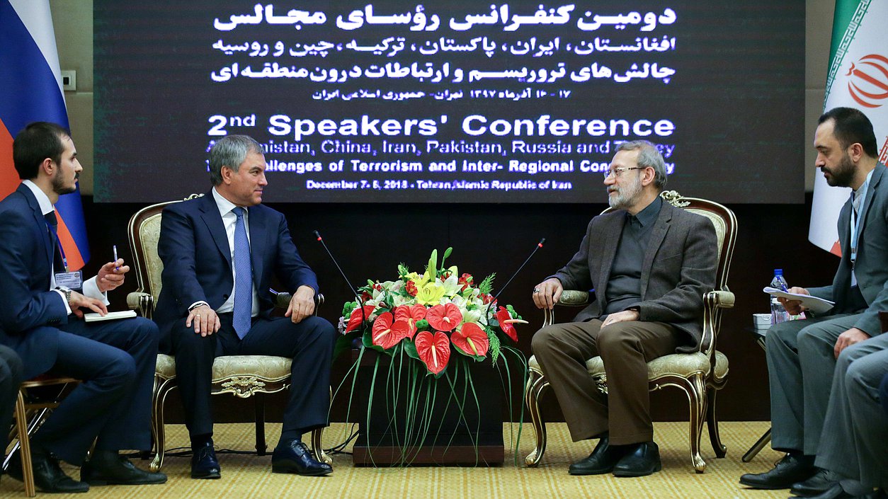 Chairman of the State Duma Viacheslav Volodin and Chairman of the Islamic Consultative Assembly of the Islamic Republic of Iran Ali Ardashir Larijani