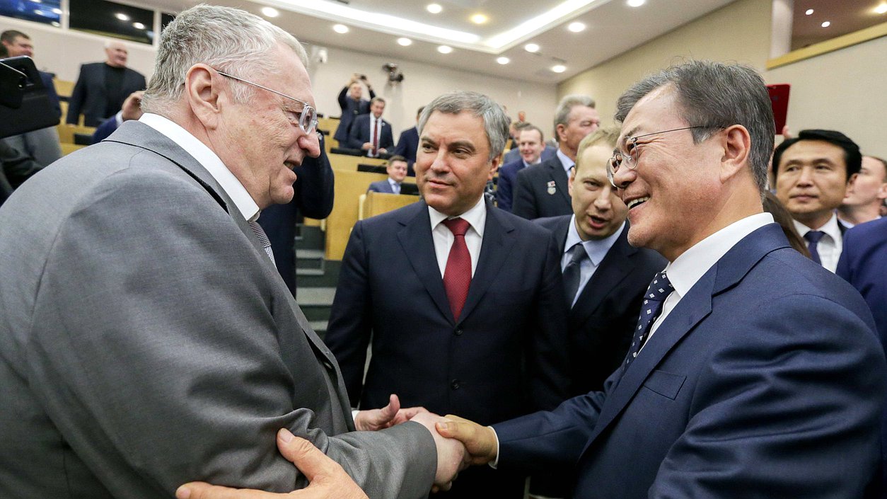 Leader of the LDPR Faction Vladimir Zhirinovskiy, Chairman of the State Duma Viacheslav Volodin and President of the Republic of Korea Moon Jae-in