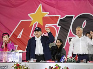 La Vicepresidenta de la República de Nicaragua Rosario Murillo Zambrana, el Presidente de la República de Nicaragua Daniel Ortega Saavedra y el Jefe de la Duma Estatal Vyacheslav Volodin