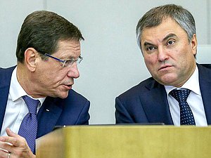 Первый заместитель Председателя Государственной Думы Александр Жуков и Председатель Государственной Думы Вячеслав Володин (слева направо)