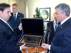 Chairman of the State Duma Viacheslav Volodin and Chairman of the Chamber of Deputies of the National Congress of Brazil Rodrigo Maia