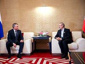 Chairman of the State Duma Viacheslav Volodin and Speaker of the Islamic Consultative Assembly of the Islamic Republic of Iran Ali Ardeshir Larijani