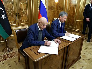 Chairman of the State Duma Viacheslav Volodin and Chairman of the House of Representatives of Libya Aguila Saleh