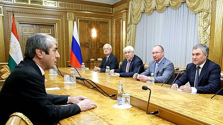 Chairman of the State Duma Viacheslav Volodin with Chairman of the Majlisi Milli of the Majlisi Oli of the Republic of Tajikistan Mahmadsaid Ubaydulloyev