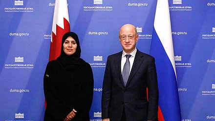 Заместитель Председателя Государственной Думы Александр Бабаков и заместитель Консультативного совета Государства Катар Хамда бинт Хасан Ас-Сулейти