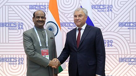 Chairman of the State Duma Vyacheslav Volodin and Speaker of the Lok Sabha of the Parliament of the Republic of India Om Birla