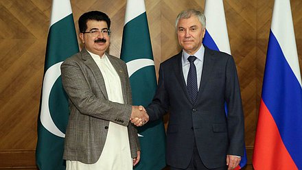 Chairman of the State Duma Vyacheslav Volodin and Chairman of the Senate of the Islamic Republic of Pakistan Muhammad Sadiq Sanjrani