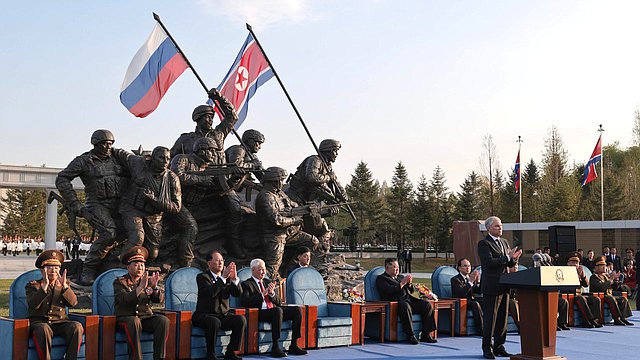 Minister of Defence of the Russian Federation Andrei Belousov, Chairman of the State Duma Vyacheslav Volodin and Chairman of State Affairs of the Democratic People's Republic of Korea Kim Jong-un. Opening ceremony of the Memorial Complex and Museum of the Military Deeds of Heroes of Foreign Military Operation