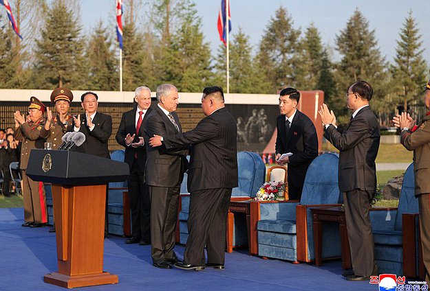 Minister of Defence of the Russian Federation Andrei Belousov, Chairman of the State Duma Vyacheslav Volodin and Chairman of State Affairs of the Democratic People's Republic of Korea Kim Jong-un. Opening ceremony of the Memorial Complex and Museum of the Military Deeds of Heroes of Foreign Military Operation. Photo credit: KCNA
