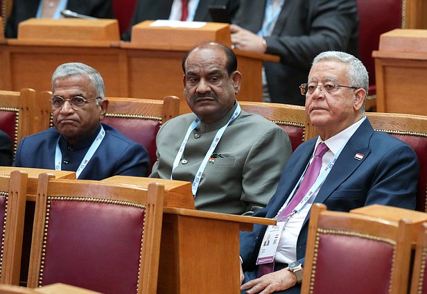 Deputy Chairman of the Rajya Sabha of the Parliament of India Harivansh Narayan Singh, Speaker of the Lok Sabha of the Parliament of India Om Birla and Speaker of the House of Representatives of the Arab Republic of Egypt Hanafy El Gebaly