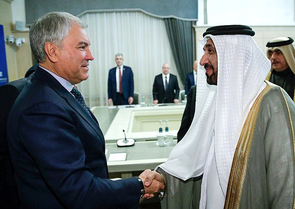 Chairman of the State Duma Vyacheslav Volodin and Speaker of the Arab Parliament Mohammed bin Ahmed Al Yamahi