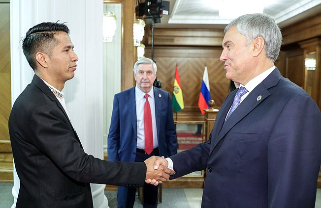 El Jefe de la Duma Estatal, Vyacheslav Volodin, y el Presidente de la Cámara de Senadores de la Asamblea Legislativa Plurinacional del Estado Plurinacional de Bolivia, Andrónico Rodriguez Ledezma