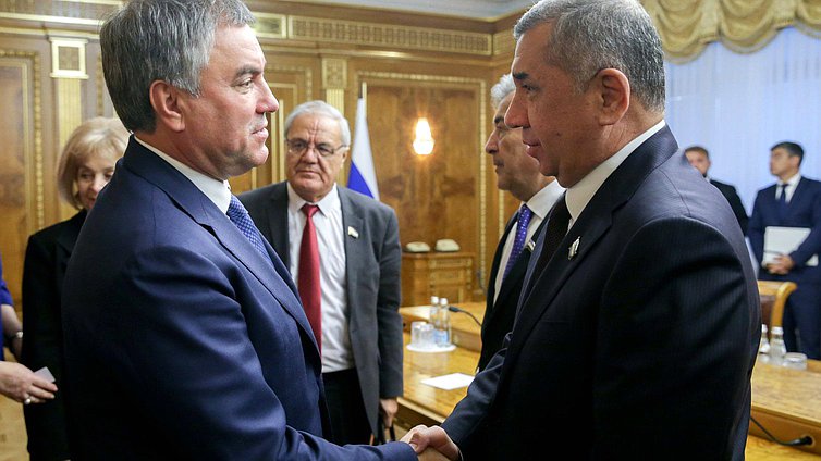 Chairman of the State Duma Viacheslav Volodin and Chairman of the Senate of the Oliy Majlis of the Republic of Uzbekistan Nigmatilla Yuldashev