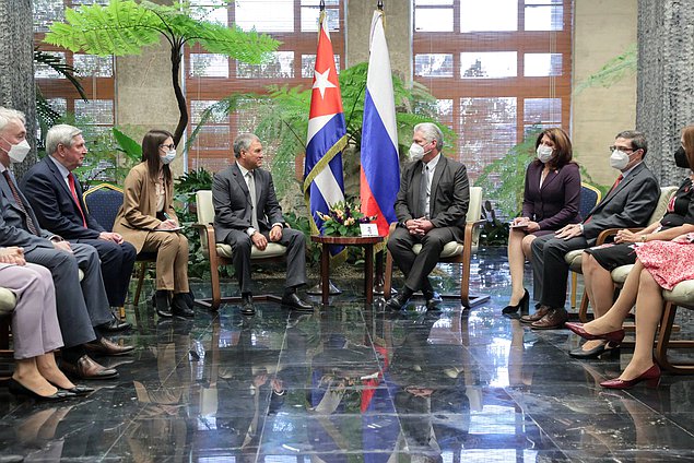 Meeting of Chairman of the State Duma Vyacheslav Volodin and First Secretary of the Central Committee of the Communist Party and President of Cuba Miguel Díaz-Canel Bermúdez