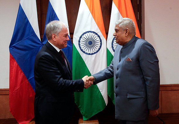 Meeting of Chairman of the State Duma Vyacheslav Volodin and Chairman of the Rajya Sabha of the Parliament, Vice President of the Republic of India Jagdeep Dhankhar