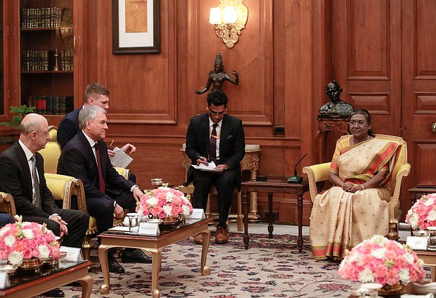 Meeting of Chairman of the State Duma Vyacheslav Volodin and President of the Republic of India Droupadi Murmu