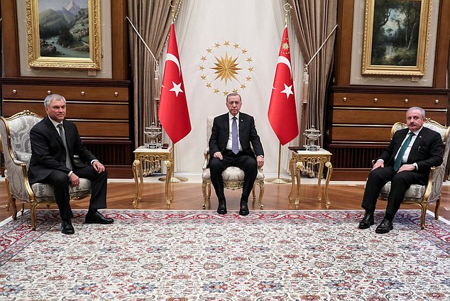 Chairman of the State Duma Vyacheslav Volodin, President of the Republic of Türkiye Recep Tayyip Erdoğan and Speaker of the Grand National Assembly of the Republic of Türkiye Mustafa Şentop