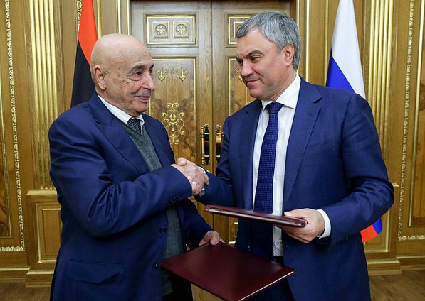 Chairman of the State Duma Viacheslav Volodin and Chairman of the House of Representatives of Libya Aguila Saleh