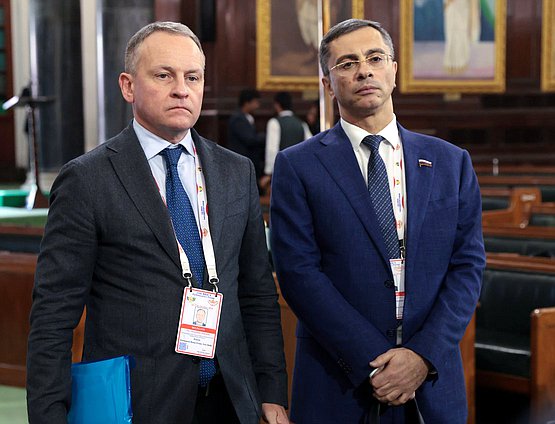 Chairman of the Committee on Digital Development and Artificial Intelligence Alexander Sidyakin and Chairman of the Committee on Industry and Trade Vladimir Gutenev. The 12th International BRICS Parliamentary Forum