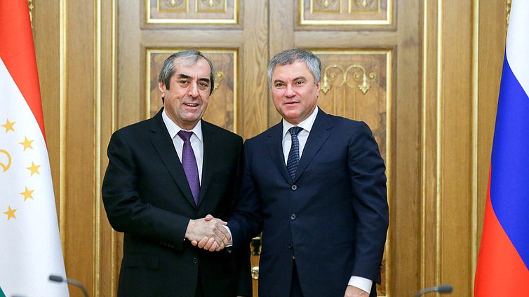 Chairman of the State Duma Viacheslav Volodin with Chairman of the Majlisi Milli of the Majlisi Oli of the Republic of Tajikistan Mahmadsaid Ubaydulloyev